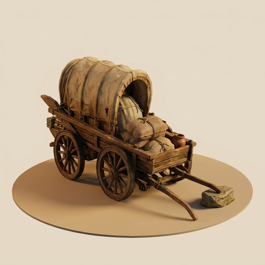 The caravan: a covered wooden cart loaded with sacks and cloth