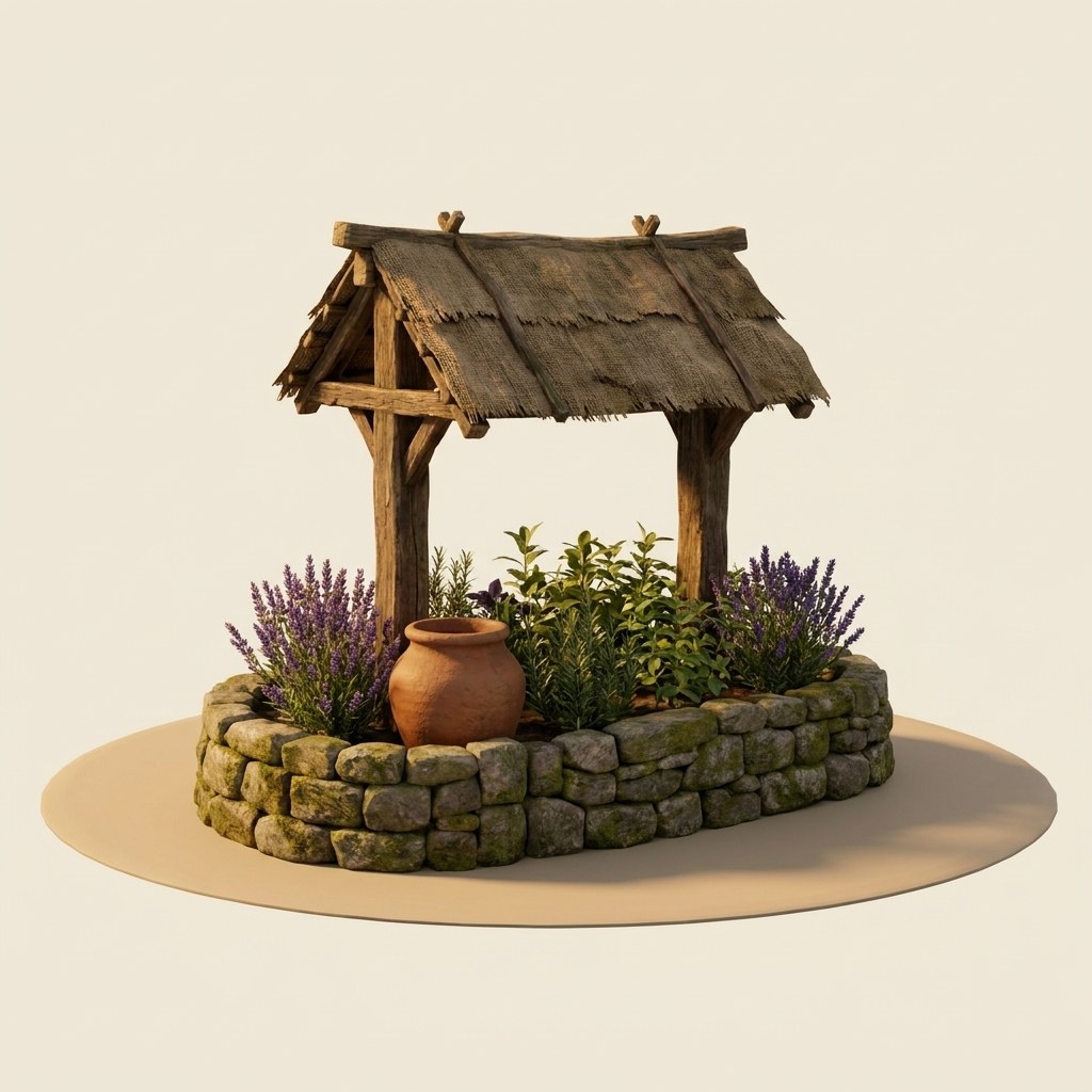 The Road Garden: a planted stone bed with a small thatched roof