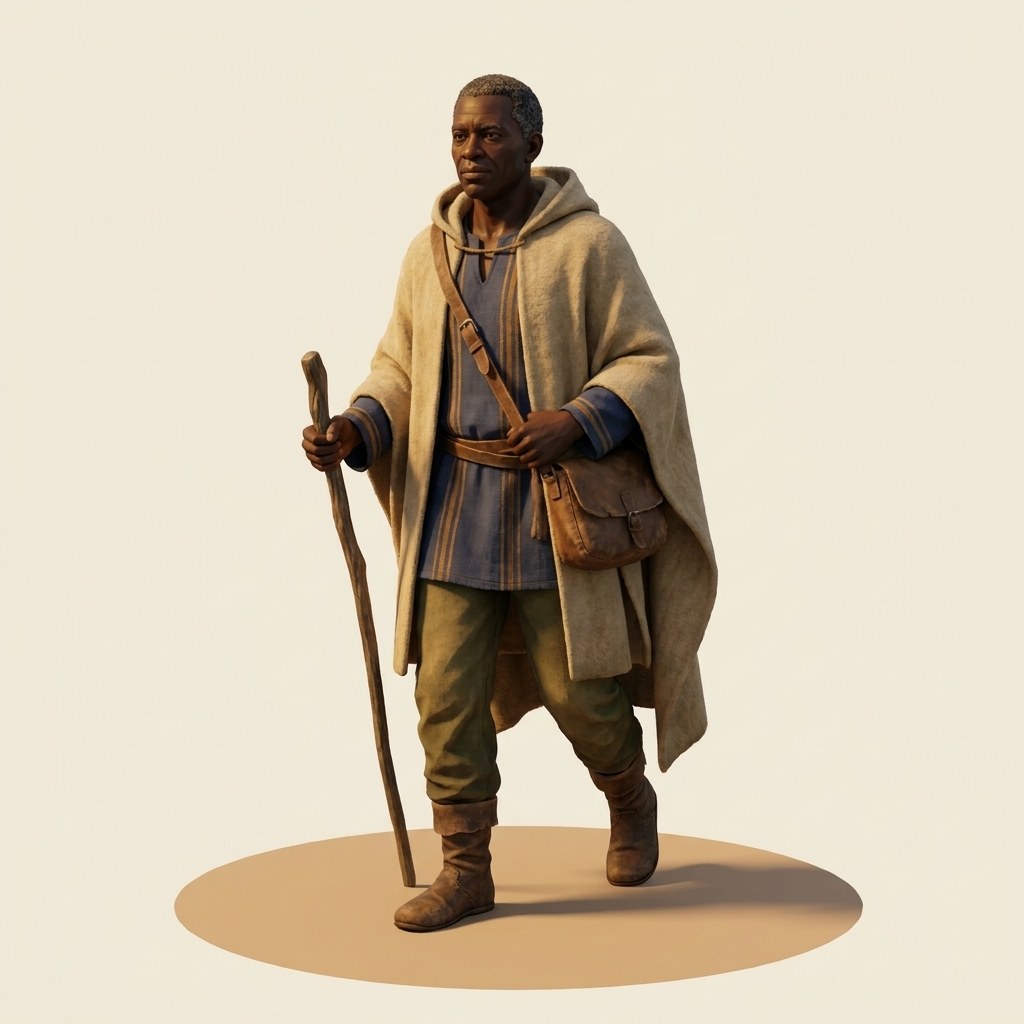 The road walker: a tall figure in a pale cloak with a staff